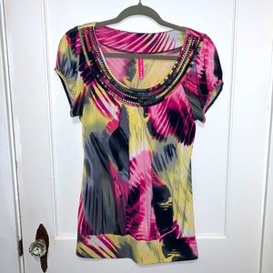 Scoop Neck Dress Blouse Black Pink Yellow